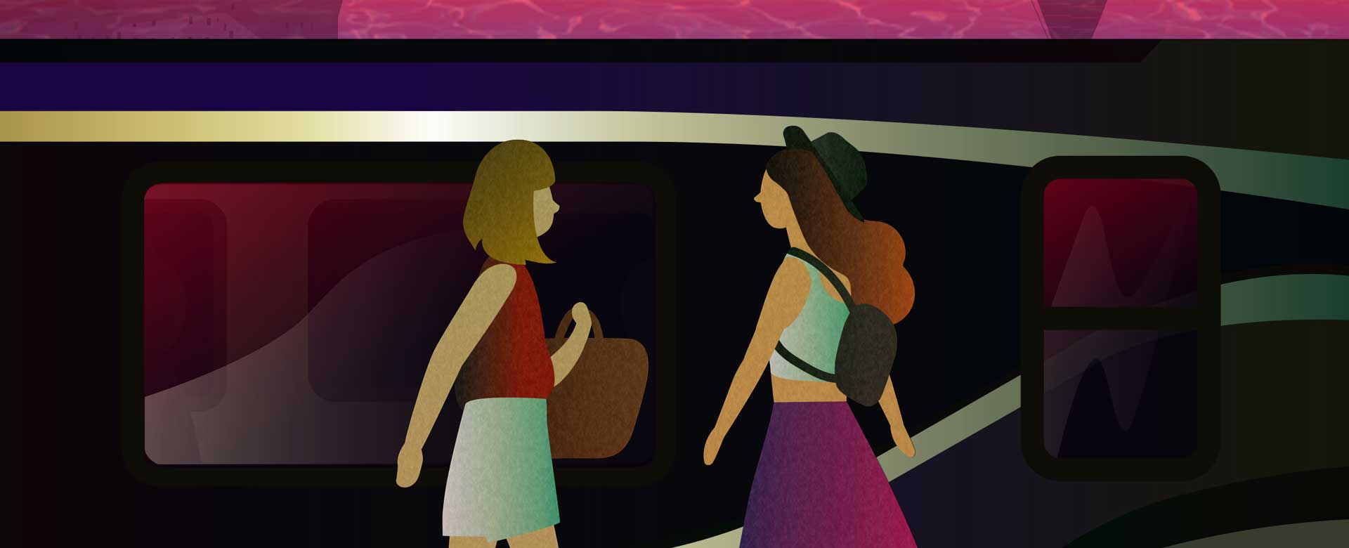 Disegno di due ragazze di fronte a un treno