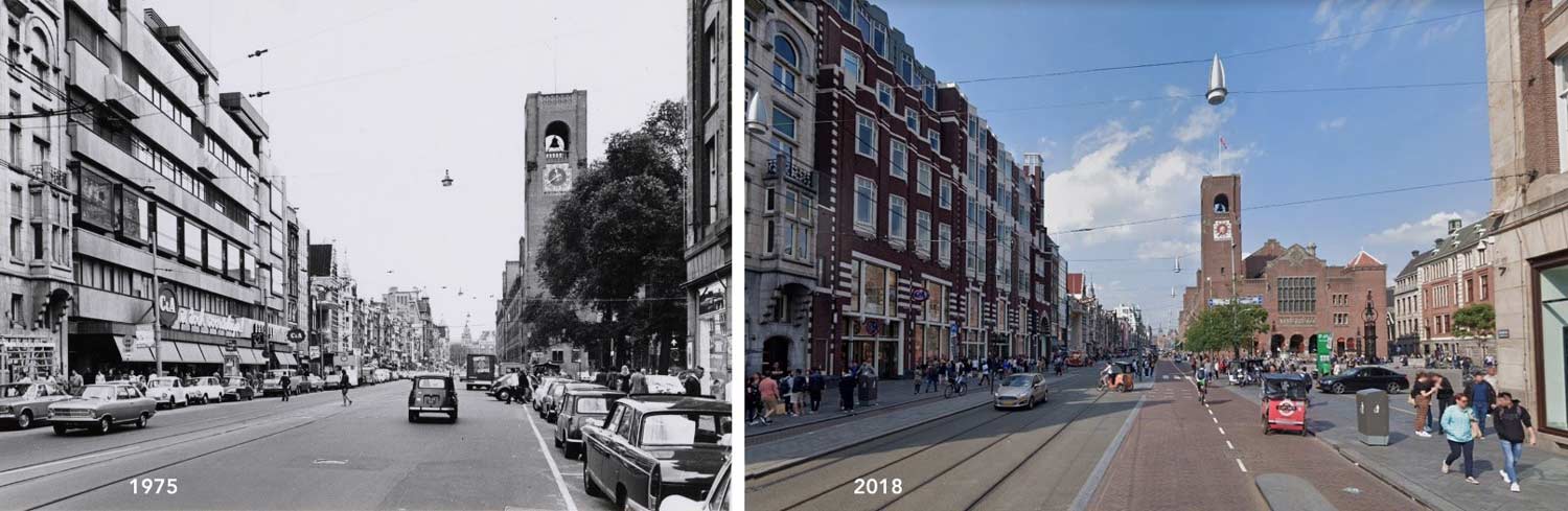 Una strada di Amsterdam a confronto, prima nel 1975 poi nel 2018